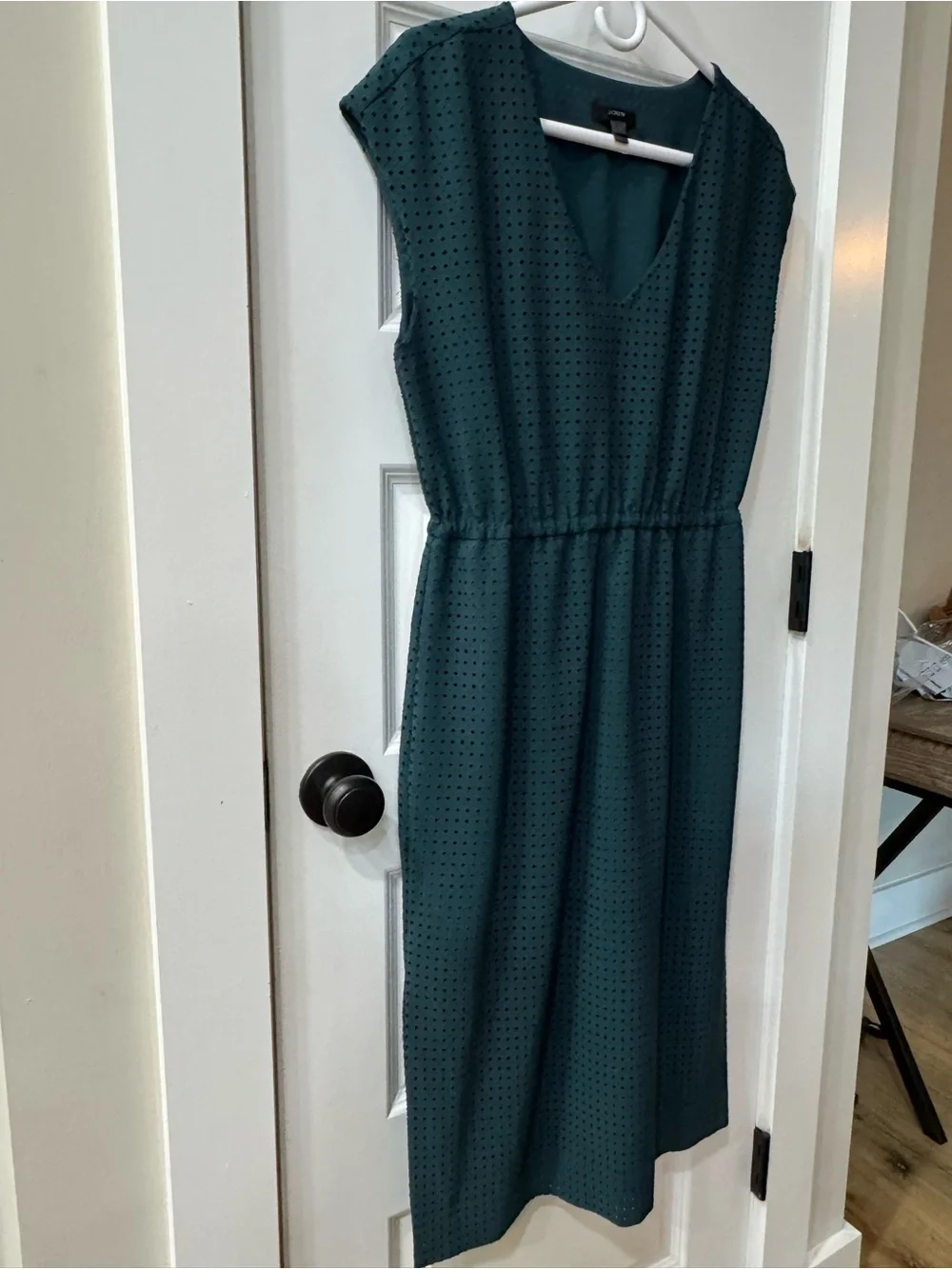 J. Crew Forest Green V-Neck Midi Dress with Subtle Dot Detail